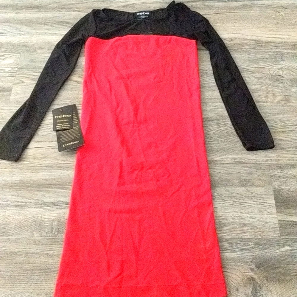 NWT Bebe Dakota Mesh Inset Dress Red Black Petite Small